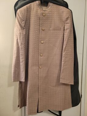 Men's Dusty Rose Textured Sherwani Suit W/ Peacock Embroidery Inner And Pants XL